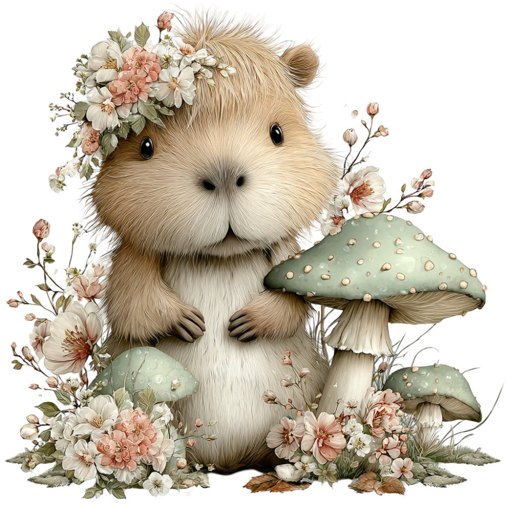 cute animal, guinea pig, hedgehog, woodland creature, floral, wildflowers, cottage core, whimsical, fairy tale, storybook, mushroom, toadstool, cream, tan, beige, dusty rose, coral pink, sage green, soft pastels, nature, garden, spring, summer, vintage, romantic, sweet, gentle, children's, nursery, baby quilt