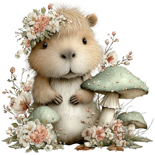 cute animal, guinea pig, hedgehog, woodland creature, floral, wildflowers, cottage core, whimsical, fairy tale, storybook, mushroom, toadstool, cream, tan, beige, dusty rose, coral pink, sage green, soft pastels, nature, garden, spring, summer, vintage, romantic, sweet, gentle, children's, nursery, baby quilt