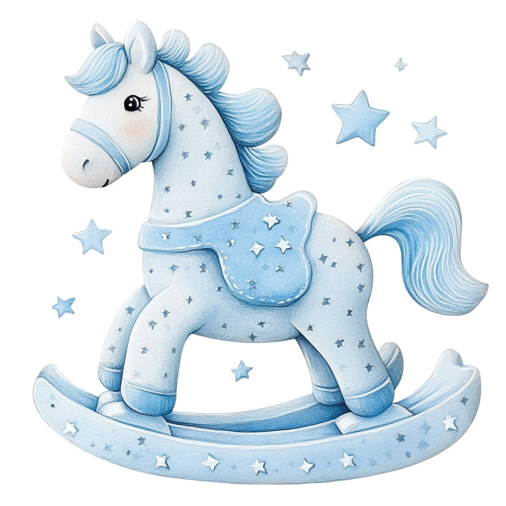 baby blue, light blue, sky blue, white, soft blue, rocking horse, nursery, baby shower, celestial, stars, whimsical, dreamy, gentle, sweet, children's, toddler, gender neutral, baby boy, infant, lullaby, bedtime, soft pastel, delicate, playful, cute animals, toy horse, decorative motifs, starry, calming, soothing