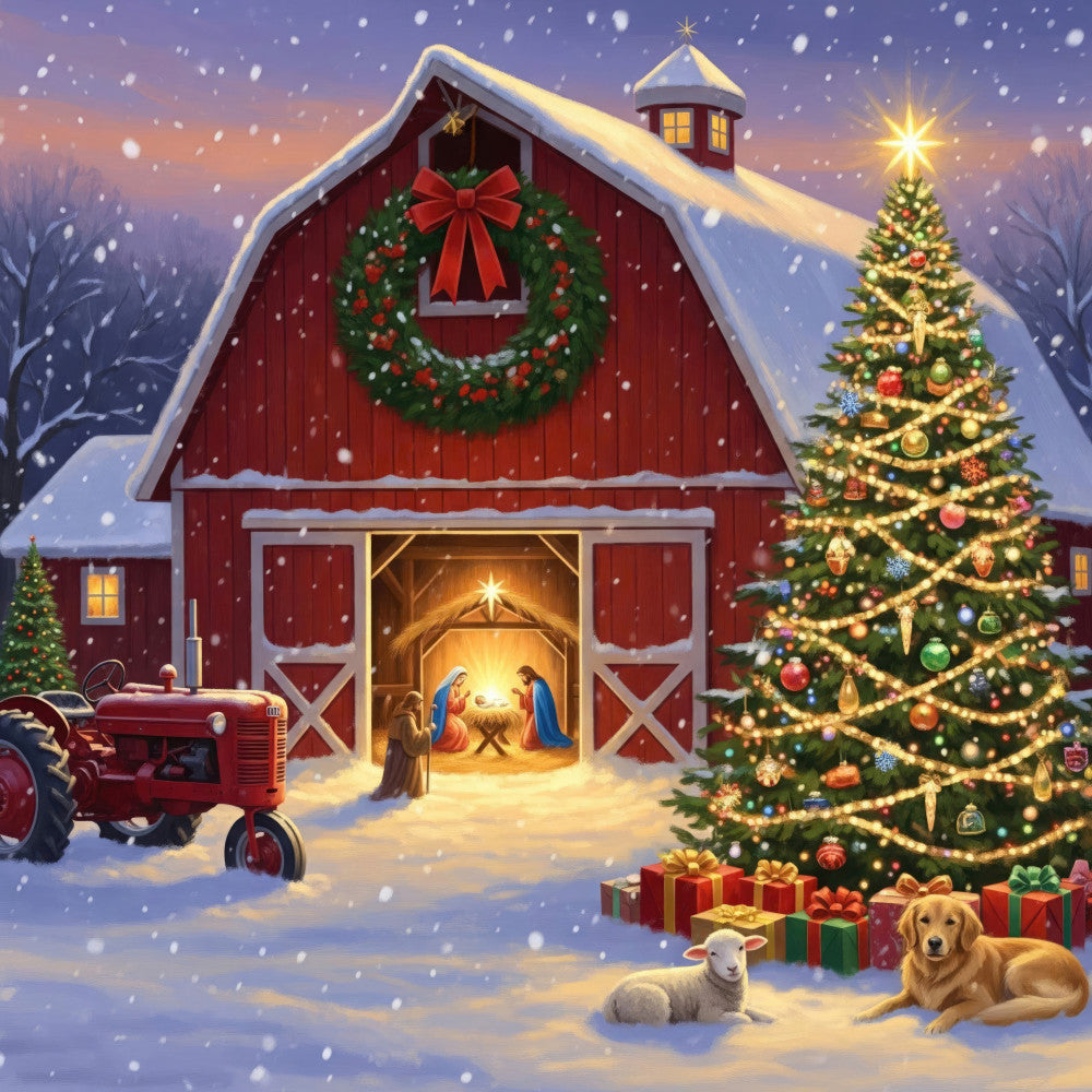 christmas, nativity, barn, holiday, winter, snow, snowy, red barn, evergreen, christmas tree, ornaments, presents, gifts, gold, red, green, cream, festive, farmhouse, rustic, traditional, religious, nativity scene, animals, dog, goat, tractor, wreath, winter scene, seasonal