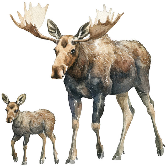 moose, calf, wildlife, watercolor, brown, tan, beige, gray, antlers, forest animals, nature scene, fabric panel, quilting cotton, realistic art, mama and baby, woodland creatures, earth tones, animal illustration, rustic, outdoor theme