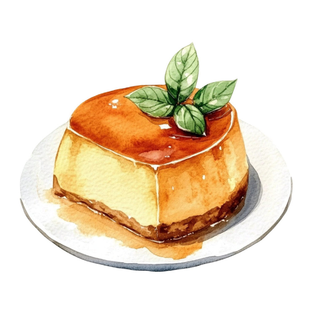 cream, golden yellow, burnt orange, caramel, dessert, cheesecake, food illustration, culinary, whimsical, elegant, sweet treat, bakery, fresh herbs, mint leaves, garnish, gourmet, foodie, kitchen decor, recipe, gourmand, delicate, refined, watercolor, artistic, home decor, food art, culinary theme, dessert motif, sophisticated, charming
