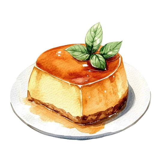 cream, golden yellow, burnt orange, caramel, dessert, cheesecake, food illustration, culinary, whimsical, elegant, sweet treat, bakery, fresh herbs, mint leaves, garnish, gourmet, foodie, kitchen decor, recipe, gourmand, delicate, refined, watercolor, artistic, home decor, food art, culinary theme, dessert motif, sophisticated, charming