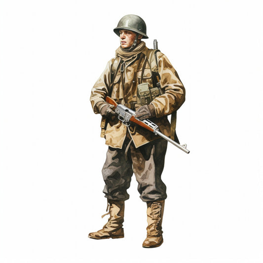 soldier, military, khaki, tan, beige, olive green, dark brown, gray, camouflage, vintage military, wwi, wwii, historical, patriotic, armed forces, uniform, helmet, rifle, combat, army, war history, masculine, traditional, nostalgic, period costume, historical reenactment, americana, heritage, battle scene, gun