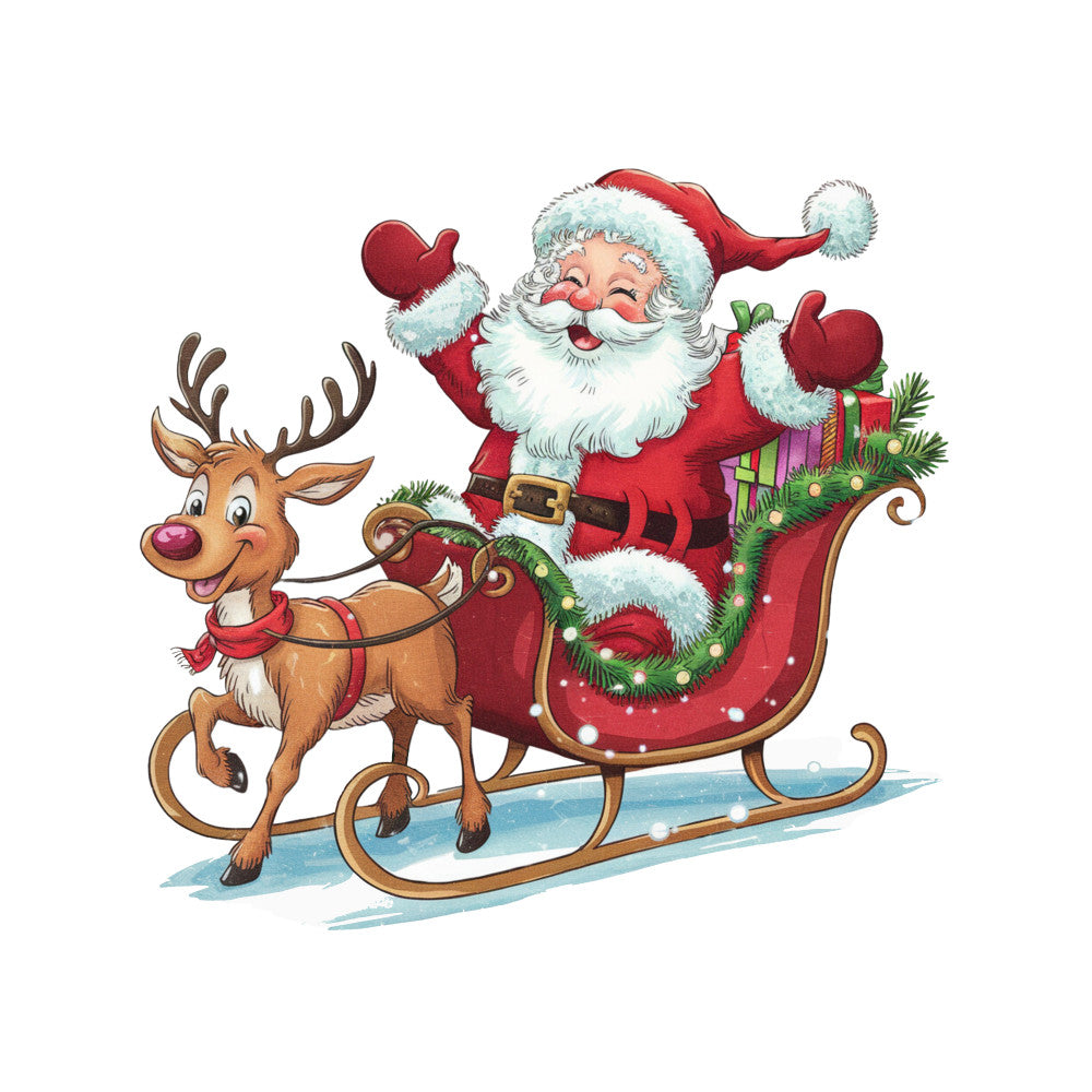 santa claus, reindeer, sleigh, christmas, red suit, white beard, brown antlers, holiday fabric, cartoon style, festive panel, winter scene, gift bags, green garland, cheerful illustration, fabric panel, quilting cotton, seasonal design, whimsical art, christmas characters, holiday sewing