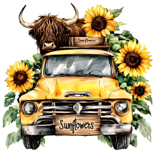 Highland Cows in Vintage Trucks Fabric Panel 7 with a vintage yellow truck carrying a Highland cow and sunflowers in a watercolor style.