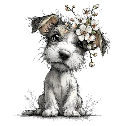 dog, puppy, terrier, black and white, cream, tan, floral, flowers, botanical, nature, whimsical, cute, adorable, children's, baby, animals, pets, spring, garden, feminine, sweet, illustration, artistic, sketch, ink drawing, delicate, blossoms, small blooms, nursery, baby quilt