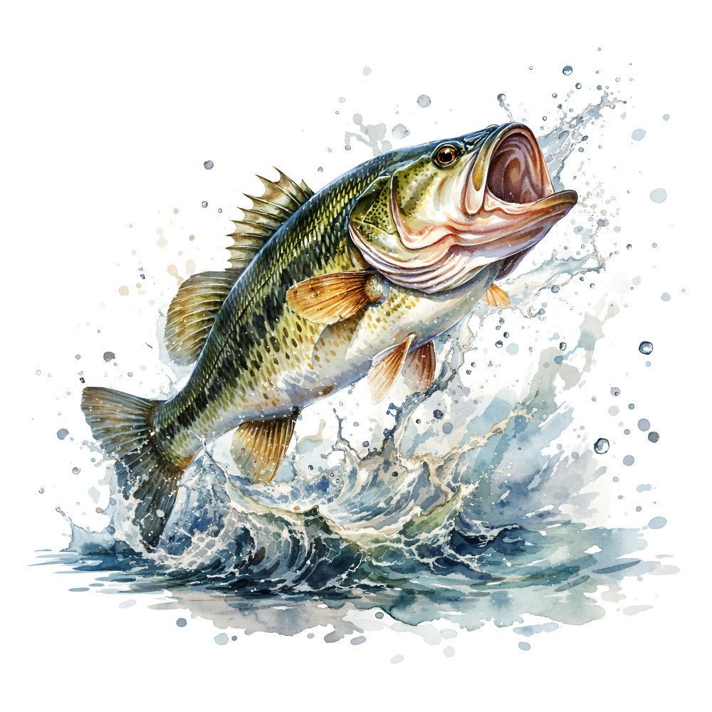 bass, fishing, fish, largemouth bass, jumping fish, water splash, watercolor, aquatic, wildlife, nature, fishing theme, sportsman, angler, outdoor, adventure, gold, bronze, olive green, navy blue, cream white, realistic, detailed, dynamic action, water droplets, splash effect, summer, fishing decor, rustic, masculine