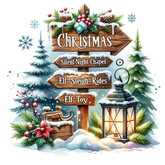 christmas signpost, winter scene, snow covered, evergreen trees, lantern, holly berries, pinecones, wooden directional signs, watercolor style, festive panel, quilting fabric, red berries, green foliage, snowflakes, winter wonderland, holiday themed, fabric panel, cotton panel, christmas crafting, seasonal sewing