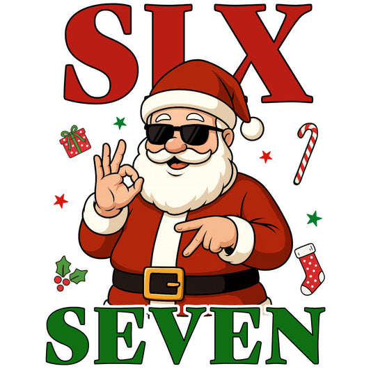 christmas fabric panel, santa claus, red, green, white, black, sunglasses, cool santa, ok hand gesture, candy cane, gift box, holly berries, christmas stocking, stars, festive elements, cartoon style, holiday theme, quilting panel, cotton fabric, christmas crafting