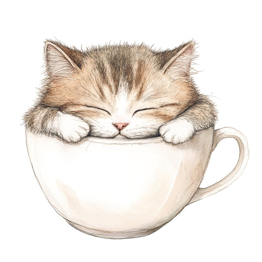cat, kitten, tabby cat, cute animals, animal illustration, whimsical, playful, cozy, warm, cream, beige, tan, brown, white, coffee cup, mug, tea cup, humorous, funny, quirky, pet lover, cat lover, children's, kids, nursery, charming, sweet, adorable, watercolor style