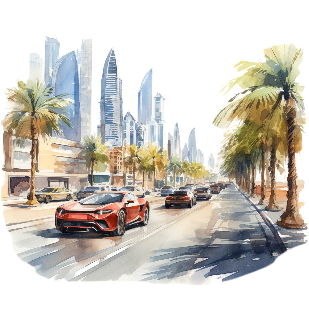 fabric panel, dubai cityscape, watercolor style, palm trees, modern skyscrapers, red sports car, urban scene, blue buildings, yellow taxi, street view, tropical palms, contemporary art, city traffic, architectural design, warm tones, blue tones, green foliage, quilting cotton, middle eastern city, luxury cars