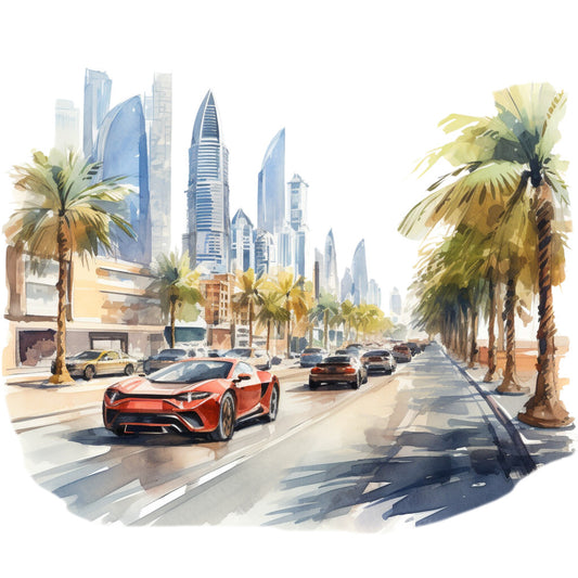 fabric panel, dubai cityscape, watercolor style, palm trees, modern skyscrapers, red sports car, urban scene, blue buildings, yellow taxi, street view, tropical palms, contemporary art, city traffic, architectural design, warm tones, blue tones, green foliage, quilting cotton, middle eastern city, luxury cars