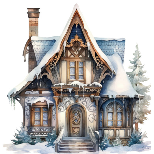 Watercolor Winter Houses Fabric Panel 2