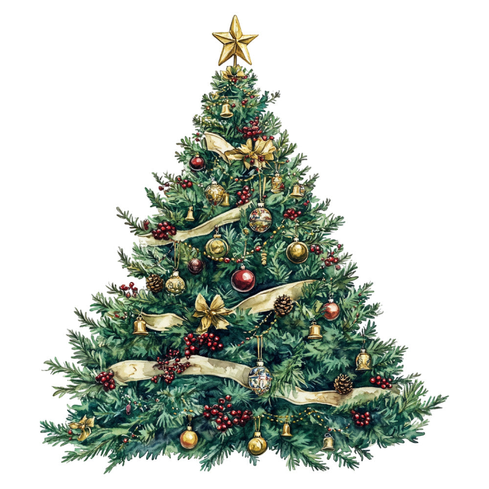 christmas tree, holiday, festive, gold star, evergreen, forest green, deep red, cream, vintage, elegant, traditional, ornaments, baubles, ribbons, bells, pinecones, berries, botanical, decorative, seasonal, winter, christmas, metallic gold, classic, timeless, festive decoration, tree topper, garland, nostalgic, victorian style