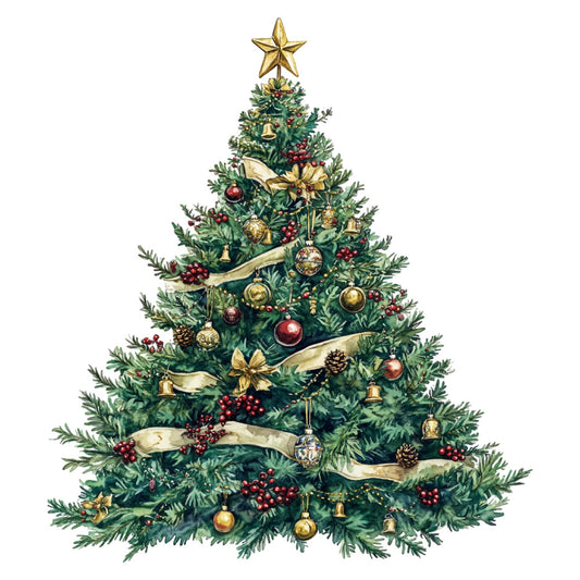 christmas tree, holiday, festive, gold star, evergreen, forest green, deep red, cream, vintage, elegant, traditional, ornaments, baubles, ribbons, bells, pinecones, berries, botanical, decorative, seasonal, winter, christmas, metallic gold, classic, timeless, festive decoration, tree topper, garland, nostalgic, victorian style