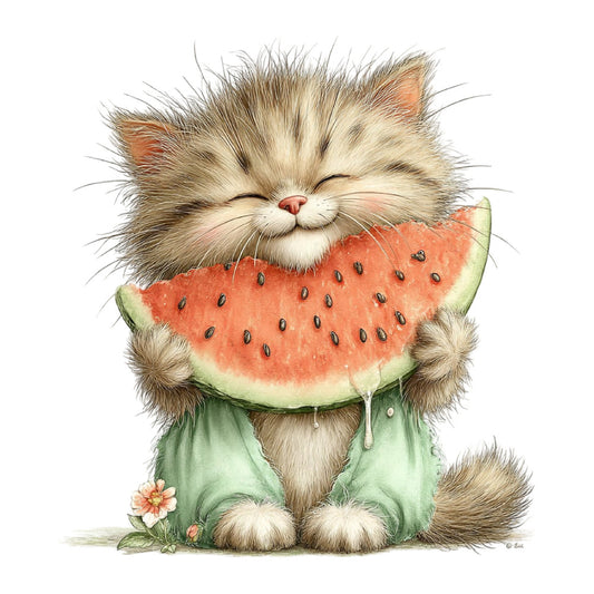 cat, kitten, watermelon, fruit, animals, whimsical, cute, playful, children's, baby, nursery, cream, soft green, coral pink, red, pastel, nature, summer, spring, illustration, storybook, sweet, charming, gentle, adorable, quirky, folk art, country, daisy flower, food themed