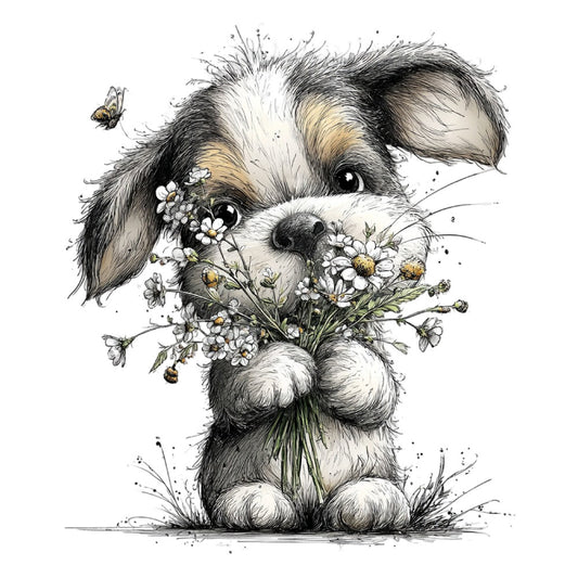 dog, puppy, black and white, cream, tan, beige, floral, daisy, flowers, bee, bumblebee, animals, whimsical, cute, sweet, children, kids, baby, nature, spring, summer, botanical, illustration, sketch, ink drawing, artistic, gentle, playful, nursery, baby quilt