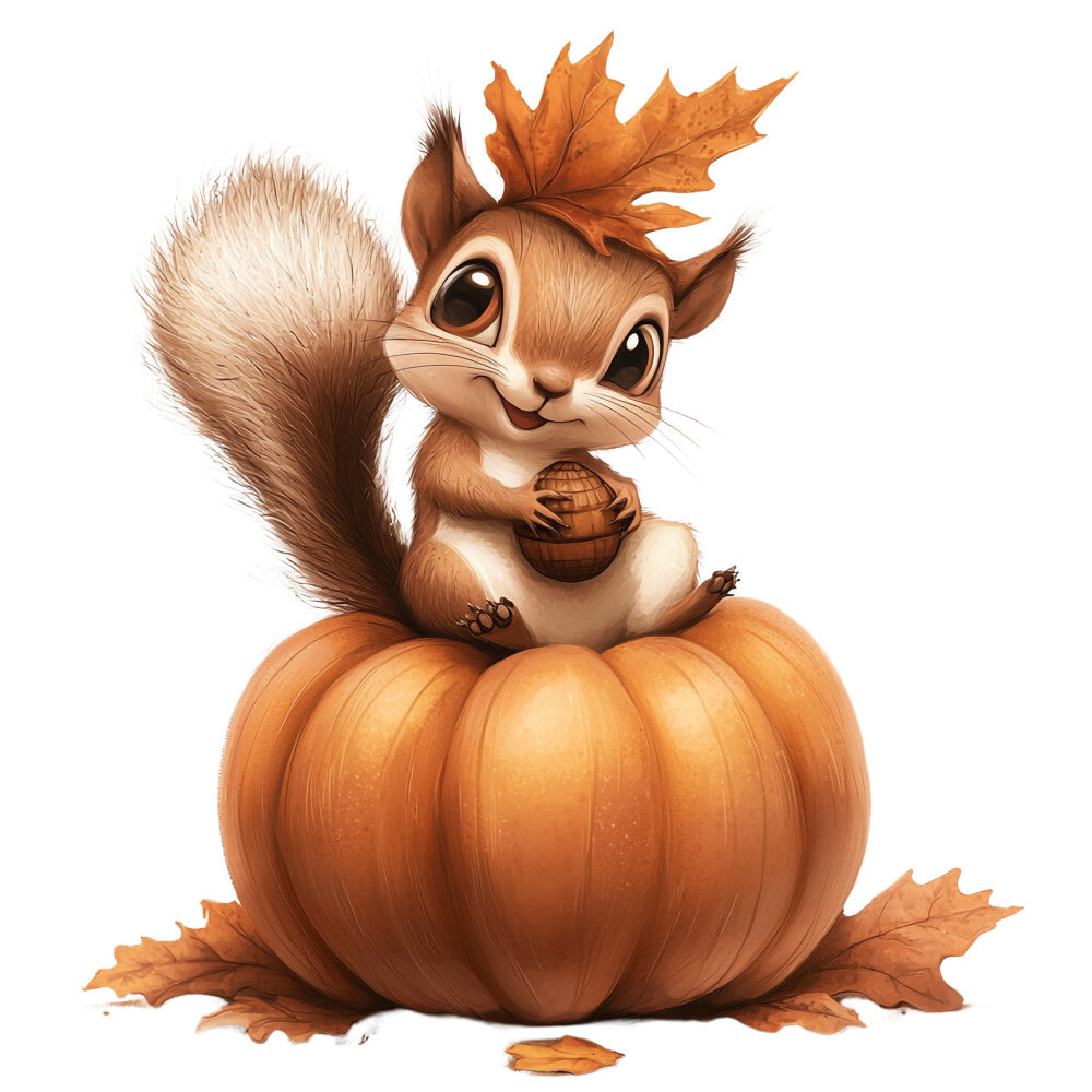 autumn squirrel, orange pumpkin, fall leaves, maple leaf, acorn, woodland creature, cute animal, seasonal panel, fabric panel, quilting cotton, brown fur, orange tones, harvest theme, sitting squirrel, fluffy tail, big eyes, autumn colors, woodland design, fall fabric, nature scene