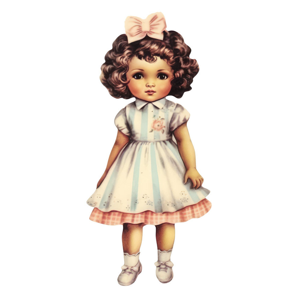 vintage doll, retro girl, classic doll, nostalgic, cream, pale blue, dusty rose, pink gingham, brown curly hair, bow, sweet girl, children's fabric, baby girl, whimsical, traditional, elegant, timeless, dress with stripes, Mary Jane shoes, socks, doll illustration, vintage character, nursery, baby quilt, wall hanging, keepsake, 1950s style, charming, gentle, soft colors