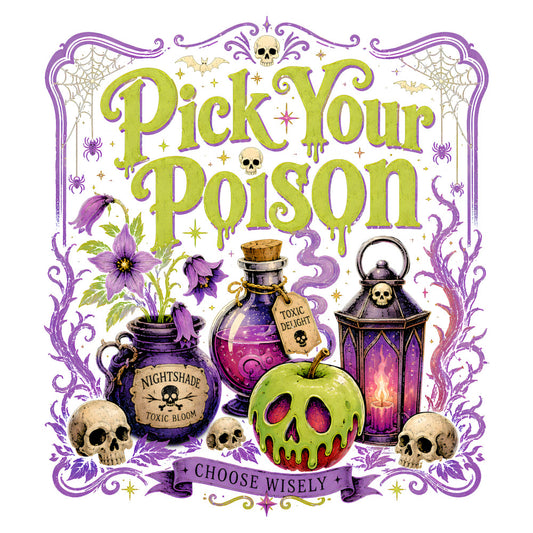lime green, purple, gold, black, cream, gothic, halloween, witchy, poison, skulls, apples, potion bottles, spiders, webs, stars, spooky, dark fantasy, magical, whimsical, toxic, evil queen, fairytale, dark academia, vintage illustration, ornate frame, decorative border, poisoned apple, skull motifs, purple flowers, nightshade
