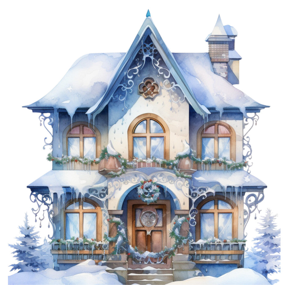 Watercolor Winter Houses Fabric Panel 3