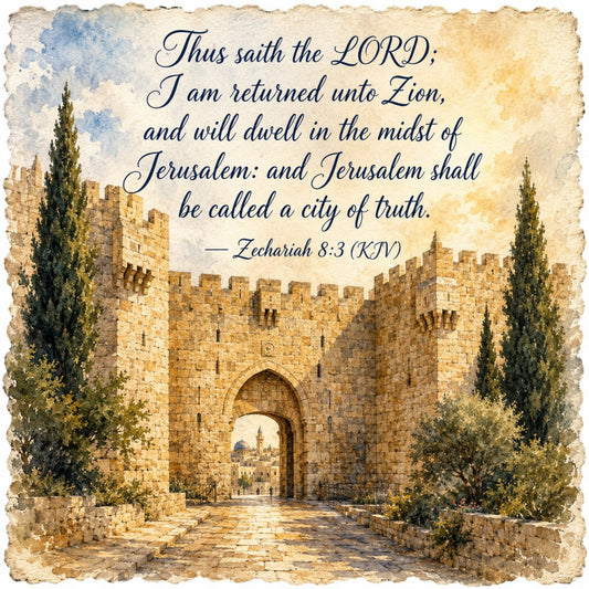 jerusalem, religious, scripture, bible verse, inspirational, spiritual, stone walls, architectural, historic, beige, tan, cream, golden yellow, dusty blue, olive green, cypress trees, traditional, elegant, vintage, religious sentiment, faith-based, holy land, gate, stone architecture, wall hanging, spiritual decor, timeless, heritage