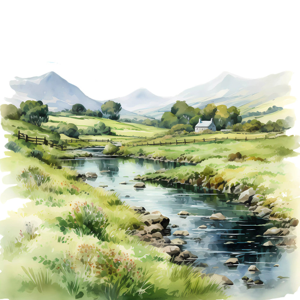 landscape, pastoral, countryside, mountains, rolling hills, stream, river, water, fence, cottage, farmhouse, trees, meadow, green, sage green, moss green, cream, soft blue, sky blue, nature, rural, scenic, traditional, whimsical, spring, summer, wall hanging, home decor, peaceful, serene