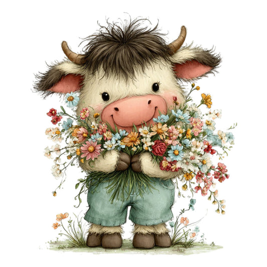cow, bull, highland cattle, whimsical, farmhouse, spring, summer, floral, wildflowers, daisies, roses, cottage core, pastoral, animals, cute, children's, baby, nursery, sage green, cream, ivory, pink, coral, yellow, gold, rust, charming, storybook, folk art, vintage
