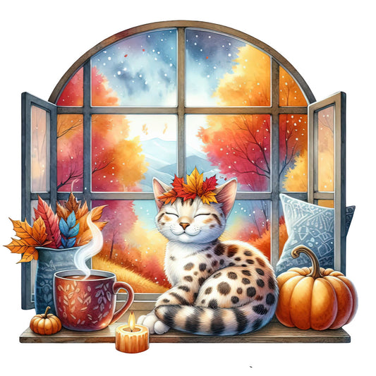 autumn cat, fall foliage, cozy window scene, burnt orange, golden yellow, crimson red, sage green, warm tones, whimsical cat, animal lovers, fall aesthetic, seasonal decor, pumpkin, maple leaves, harvest theme, candlelit, hot beverage, sweater weather, rustic autumn, cottage core, peaceful, serene, cat with flower crown, fall window, warm and cozy, thanksgiving, september october november, nature inspired, illustrated art style