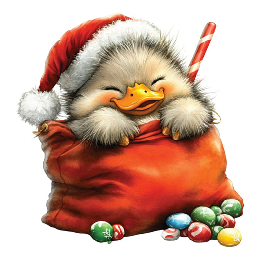 red, white, orange, yellow, green, blue, duckling, santa hat, christmas sack, candy canes, ornaments, whimsical, cute, holiday themed, winter, festive, fabric panel, quilting cotton, cartoon style, cheerful, seasonal design, christmas motif, fluffy feathers