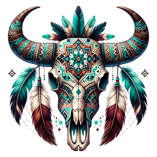 teal, turquoise, brown, cream, burgundy, tribal patterns, geometric designs, bull skull, feathers, horns, southwestern motifs, mandala, aztec inspired, bohemian style, native american, fabric panel, quilting cotton, boho decor, spiritual symbols, dreamcatcher elements