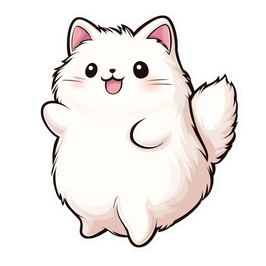 cute cat, white cat, fluffy cat, pink ears, anime cat, kawaii, cat face, whimsical, playful, children's, baby, adorable animals, cat motif, pastel colors, off-white, cream, soft pink, cheerful, happy expression, smiling cat, kids fabric, nursery, cartoon style, modern cute, animal lovers, pet themed, innocence, sweetness