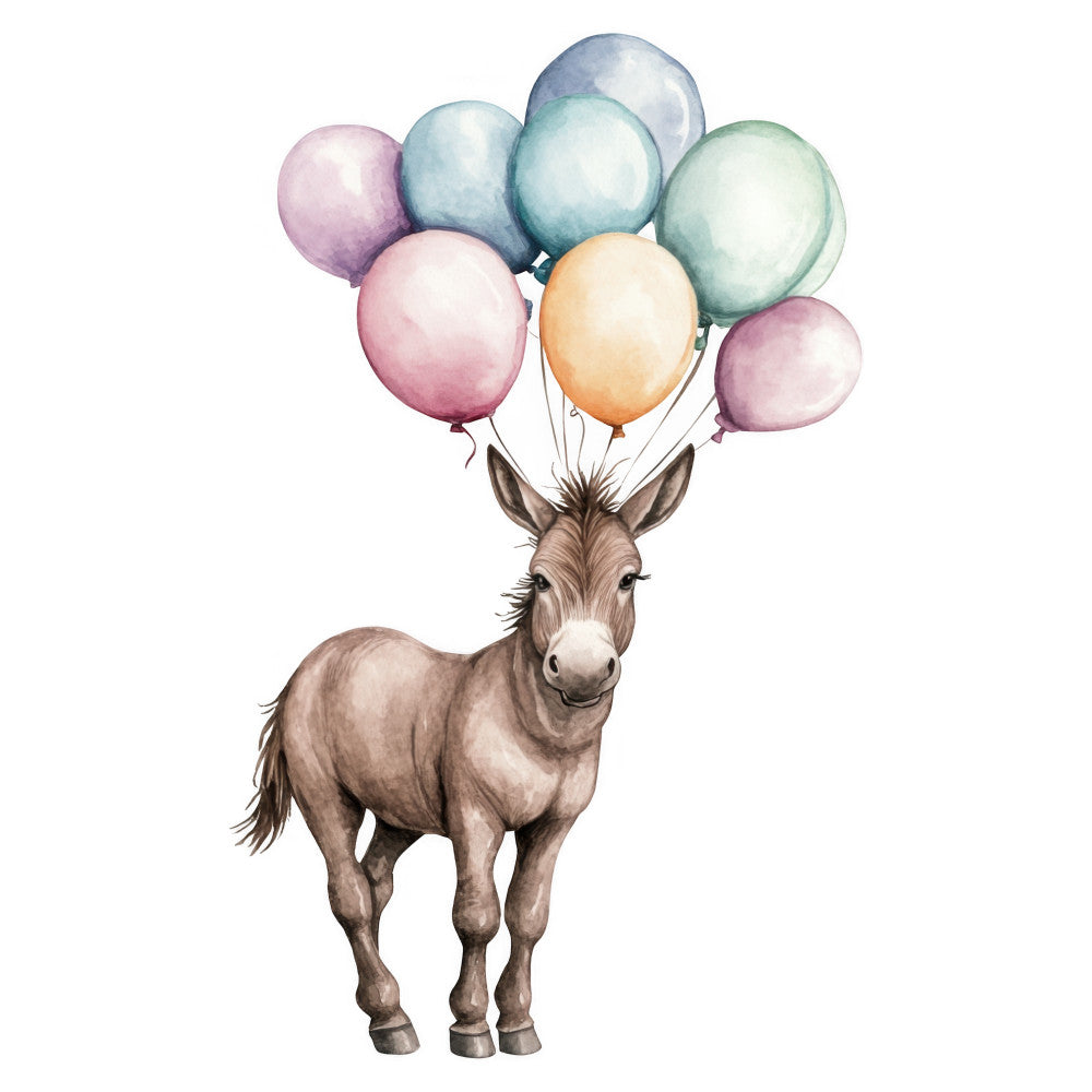 donkey, balloons, pastel pink, dusty blue, sage green, peach, lavender, whimsical, playful, children's, baby, nursery, animals, watercolor, gentle, soft colors, sweet, cute, charming, storybook, fairy tale, dreamy, soft illustration, baby quilt, wall art, gender neutral, spring, soft pastels, illustrated animals