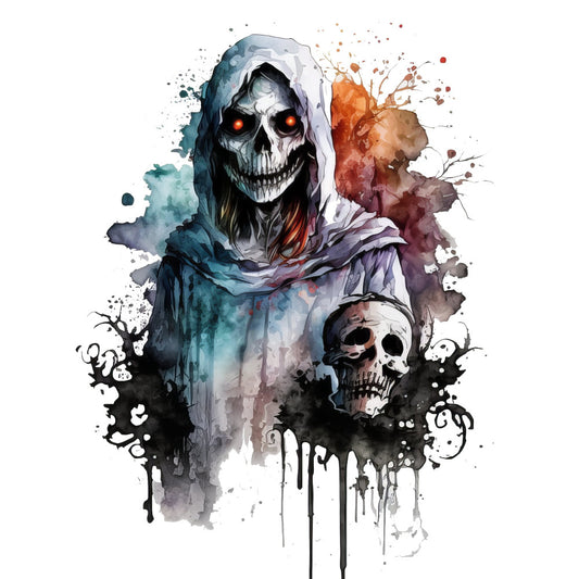 skull, grim reaper, skeleton, gothic, dark, watercolor, abstract, splatter, ink splatter, horror, halloween, spooky, eerie, mystical, orange, teal, purple, black, white, memento mori, death, supernatural, grunge, contemporary, artistic, moody, dramatic, wall hanging, home decor