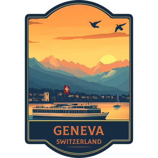 geneva, switzerland, travel, vintage travel poster, landscape, mountains, sunset, golden hour, lake, sailboat, steamship, cruise ship, alpine scenery, swiss flag, birds, airplane, city skyline, architecture, nautical, scenic, orange, golden yellow, navy blue, teal, warm tones, retro style, mid-century modern, adventure, wanderlust, vacation