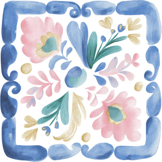 cornflower blue, dusty rose, sage green, gold accents, cream background, floral, botanical, decorative border, ornamental, whimsical, spring, nature-inspired, peony, leaves, petals, berries, elegant, traditional, hand-painted, watercolor style, soft pastels, romantic, cottage core, garden theme, nature motif, delicate florals, blue border, multi-color, vintage inspired, timeless design