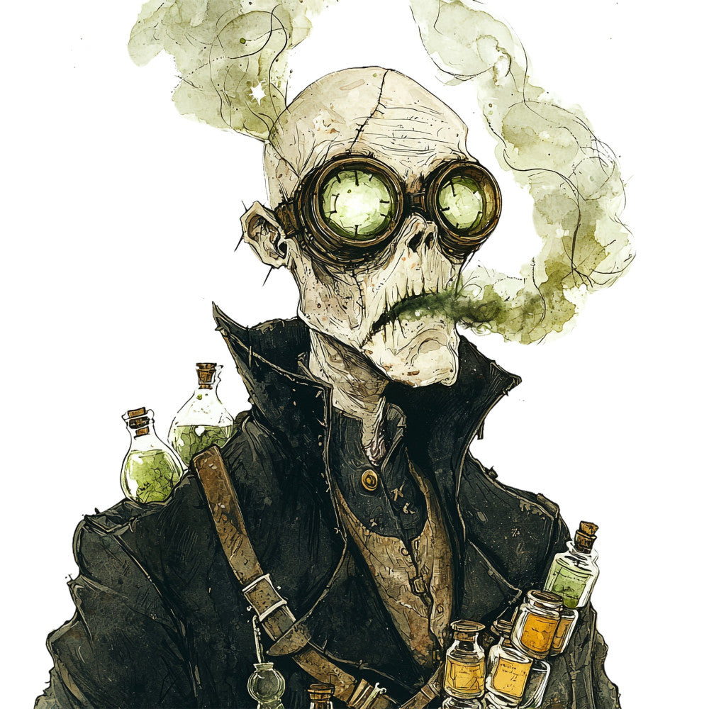 steampunk, skeleton, skull, goggles, vintage, gothic, dark academia, industrial, botanical, sage green, cream, black, bronze, brass, potion bottles, apothecary, whimsical, dark whimsical, illustration, hand-drawn, mysterious, occult, alchemical, nature-inspired, moody, elegant, alternative, goth, watercolor effects, antique