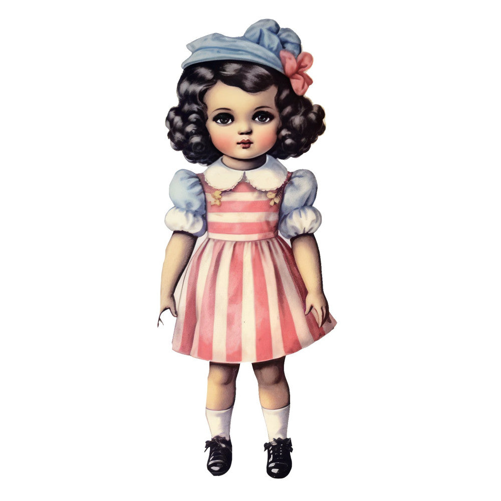 vintage doll, retro girl, 1940s fashion, 1950s style, coral pink, powder blue, cream, black hair, peter pan collar, puffed sleeves, striped dress, white socks, mary jane shoes, nostalgic, whimsical, children's illustration, storybook character, vintage character, classic doll, sweet girl, charming, doll face, cute children, traditional style, baby quilt, nursery decor, children's fabric, girl's apparel, nostalgic theme
