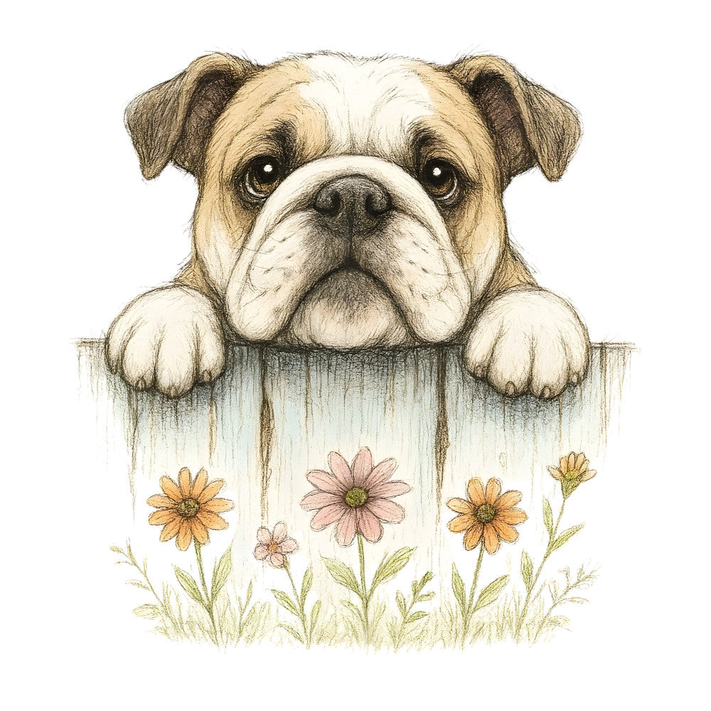 bulldog, cream, tan, brown, white, pale blue, soft yellow, gold, mauve pink, floral, daisy, flowers, animals, dogs, pets, nature, whimsical, cute, charming, vintage, farmhouse, spring, summer, garden, botanical, greeting card style, heartwarming, gentle, decorative panel, children's