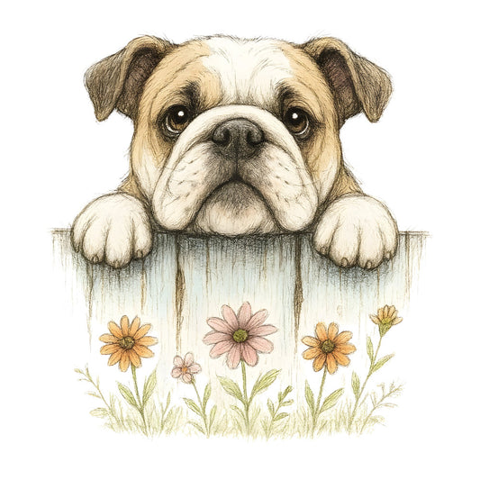 bulldog, cream, tan, brown, white, pale blue, soft yellow, gold, mauve pink, floral, daisy, flowers, animals, dogs, pets, nature, whimsical, cute, charming, vintage, farmhouse, spring, summer, garden, botanical, greeting card style, heartwarming, gentle, decorative panel, children's