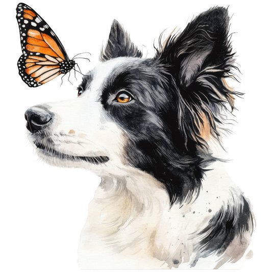 watercolor, border collie, dog portrait, monarch butterfly, black and white, orange accents, amber eyes, fabric panel, quilting cotton, realistic art, pet illustration, animal design, soft brushstrokes, nature theme, butterfly motif, canine art, painterly style, craft fabric, sewing panel, artistic rendering