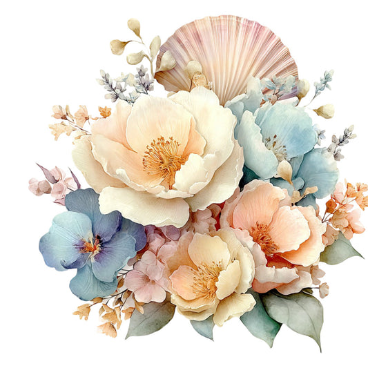 floral, watercolor, peonies, roses, cream, blush pink, peachy orange, dusty blue, sage green, soft pastels, botanical, nature, elegant, romantic, vintage, spring, summer, garden flowers, layered blooms, delicate, feminine, traditional, botanical illustration, mixed florals, soft colors, muted tones, artistic, hand-painted style, wall hanging, home decor
