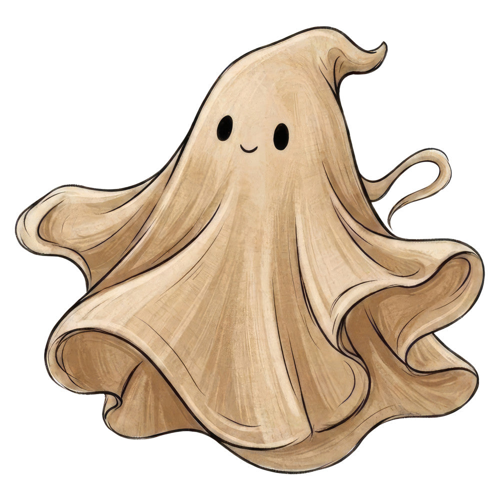 beige, tan, cream, light brown, ghost, cute ghost, friendly ghost, halloween, spooky, whimsical, kawaii, charming, playful, fabric design, ghost motif, ghost face, happy expression, autumn, fall, halloween decor, holiday, trick or treat, ghost character, children's, kid-friendly, adorable, smiling ghost, simple face, decorative