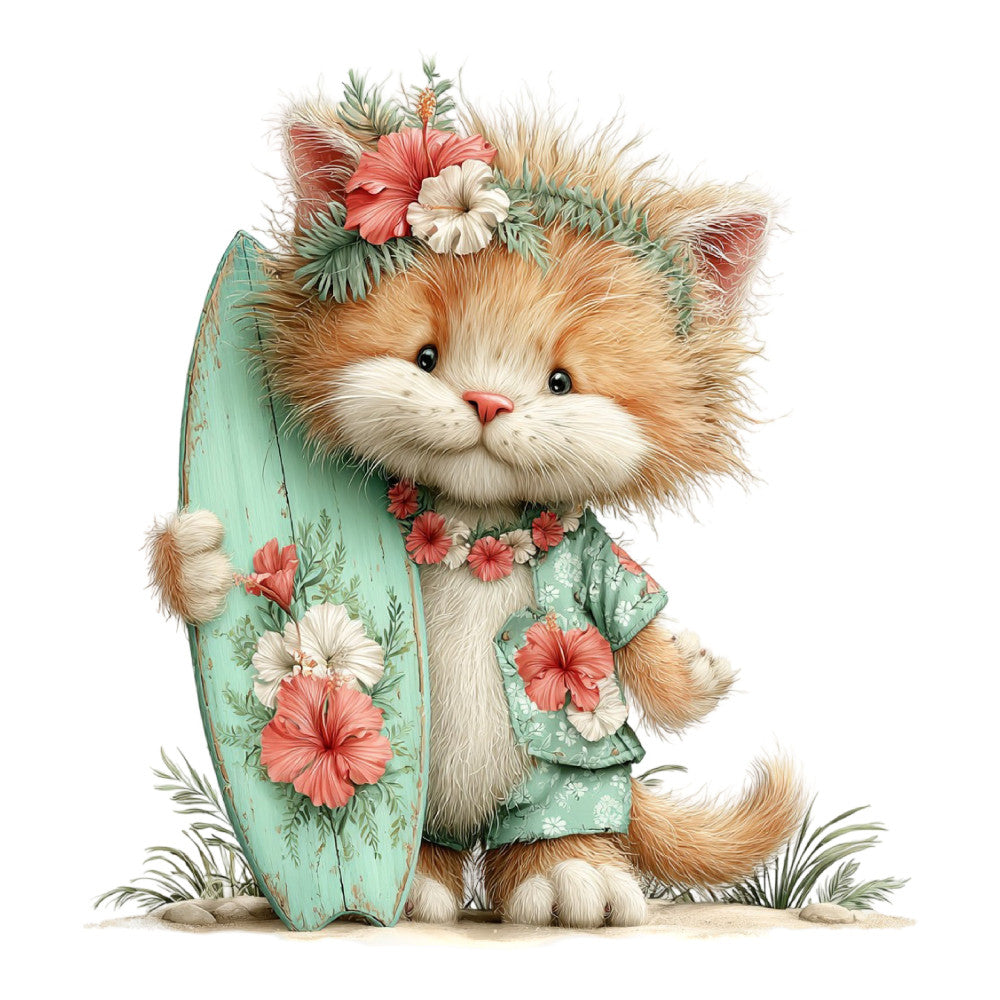 cute cat, fluffy cat, orange tabby, ginger cat, mint green, sage green, coral pink, cream white, floral, hibiscus, daisies, botanical, whimsical, kawaii, adorable, animal themed, surfboard, beach theme, vintage style, cottage core, spring, summer, baby quilt, children's fabric, girl's fabric, nursery, playful, charming, folk art, sweet