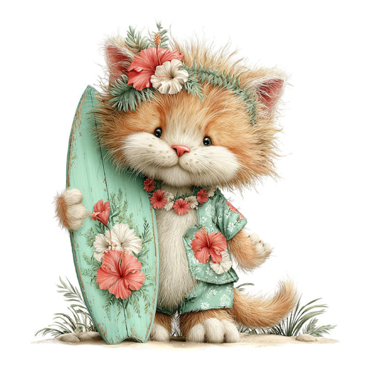 cute cat, fluffy cat, orange tabby, ginger cat, mint green, sage green, coral pink, cream white, floral, hibiscus, daisies, botanical, whimsical, kawaii, adorable, animal themed, surfboard, beach theme, vintage style, cottage core, spring, summer, baby quilt, children's fabric, girl's fabric, nursery, playful, charming, folk art, sweet