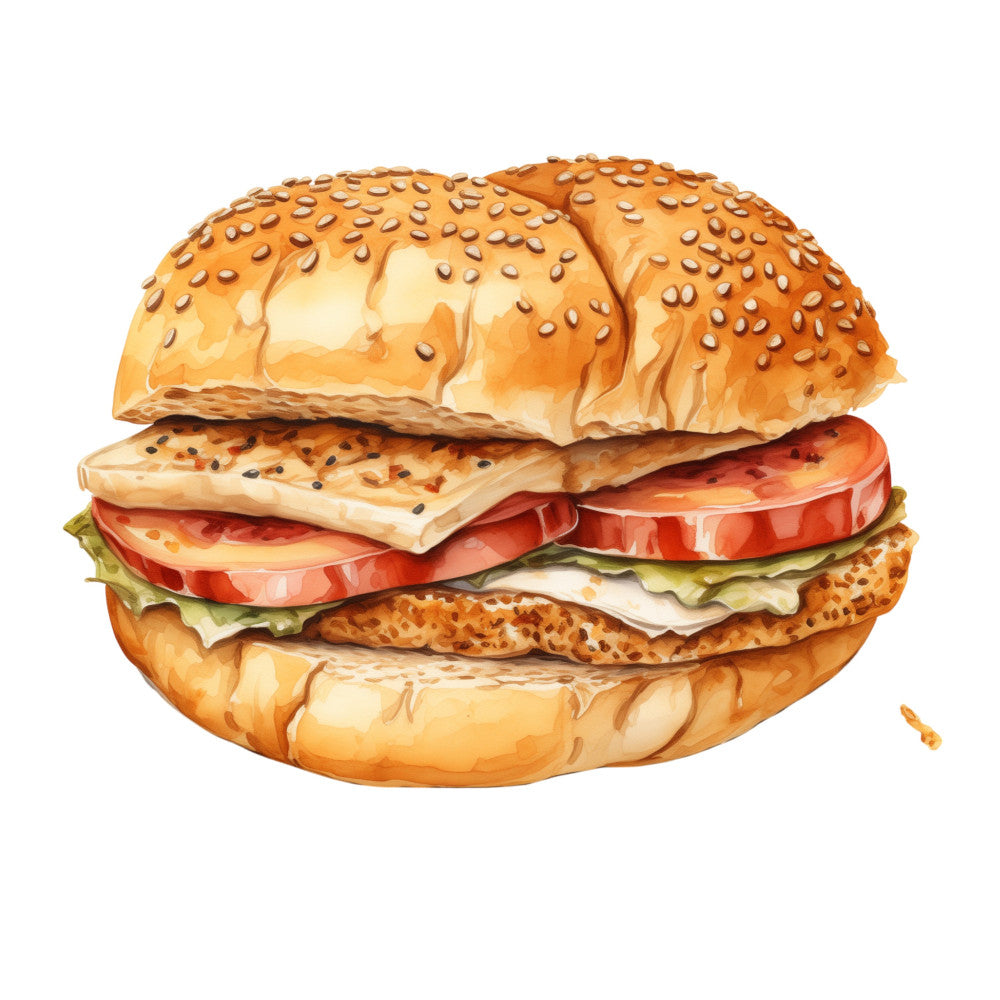 sandwich, bagel, sesame seeds, food, lunch, kitchen, tan, beige, cream, red, tomato, lettuce, cheese, bread, bakery, fast food, deli, restaurant, food illustration, culinary, appetizer, breakfast, casual, whimsical, playful, novelty, chef themed, foodie, gourmet, cafe style
