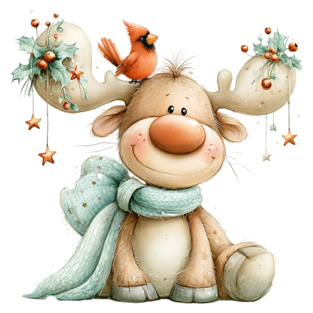 reindeer, christmas, holiday, winter, cream, tan, beige, rust orange, sage green, mint green, whimsical, cute, festive, animals, woodland, cardinal bird, holly berries, stars, dimensional, children's, baby, seasonal, rustic, charming, decorative, fabric panel, cotton, illustration style, joy, cheerful