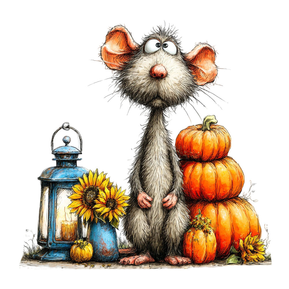 autumn, fall, pumpkins, sunflowers, lantern, whimsical, animal, cute, rat, mouse, orange, burnt orange, golden yellow, navy blue, cream, black, rustic, farmhouse, harvest, thanksgiving, nature, woodland creature, folk art, playful, seasonal, cozy, storybook, illustration style, home decor, wall art
