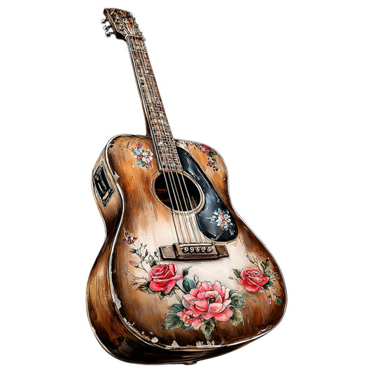 acoustic guitar, musical instrument, floral design, roses, pink flowers, cream background, brown wood grain, vintage style, music themed, bohemian, rustic elegant, nature inspired, cottage core, red roses, white flowers, blue accents, hand painted look, decorative arts, music lover gift, artistic design, traditional floral, garden flowers, folk art, music and flowers, romantic style, nature and music, detailed illustration, multi-colored florals, springtime
